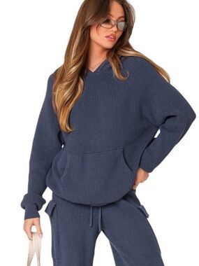 Edikted (SET) Wynter Oversized  Knit Hoodie in Slate Blue and Knit Cargo Pants